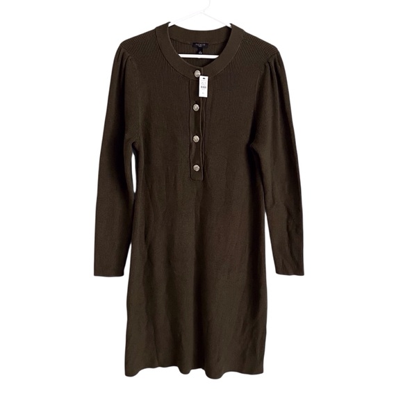 Talbots Olive Green Rib Knit Sweater Dress Button Neck Winter NEW Large Petite - Picture 2 of 9